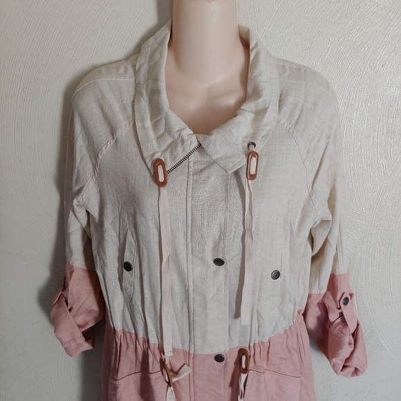 Blu Pepper Color Block Linen Light Pink Tan Utility Jacket Size Women Medium NEW - Picture 7 of 13